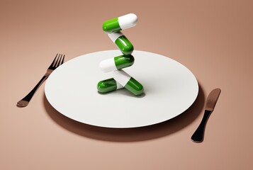 Pills, tablets on a plate and a fork and knife next to it. The concept of eating pills as a substitute for diet, food. A futuristic vision of eating meals. 3D render, 3D illustration.