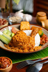 Ayam Goreng Padang. Traditional fried chicken with spice crumbs from Minangkabau, West Sumatra. 