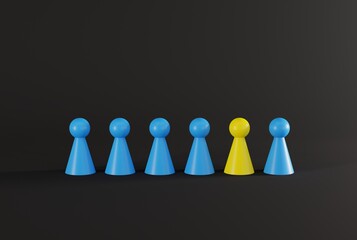 Yellow and blue pawns. Diversity, racism and discrimination issues concept. Creative activities and team work. 3D render, 3D illustration. - obrazy, fototapety, plakaty