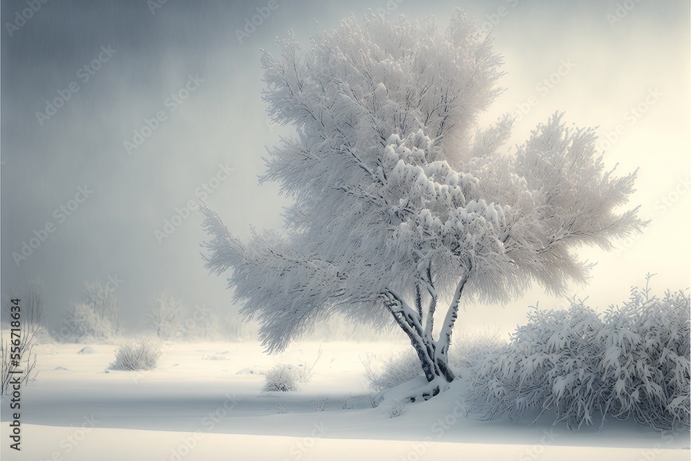 Poster a tree in a snowy field with a sky background and a few clouds in the distance with a few trees in t