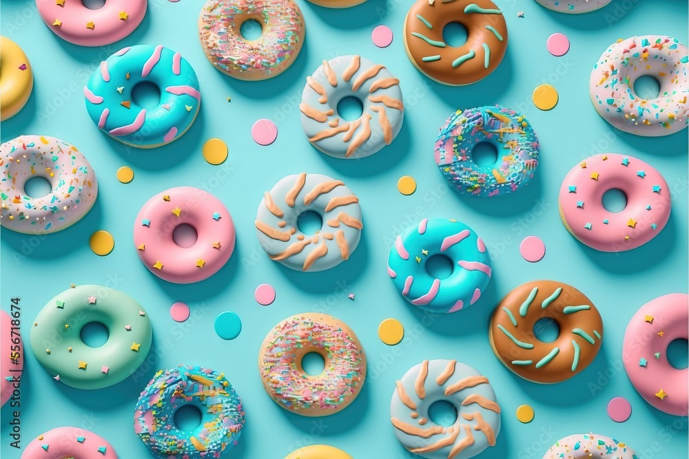 Poster a bunch of doughnuts that are on a table together with sprinkles on them and a blue background., gen