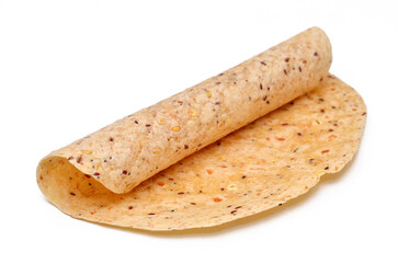 rolled thin latin flat bread on white background close up