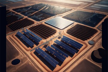 a large array of solar panels in a desert area with a sun shining on the horizon behind them and a few buildings.