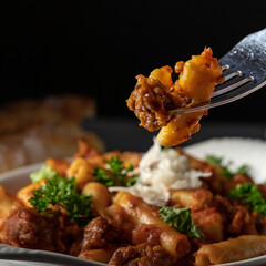 Baked ziti pasta with Italian sausage and marinara sauce. Garnished with parsley and shaved parmesan cheese.