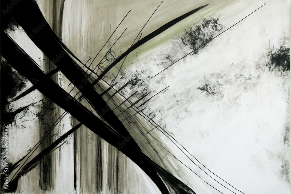 Poster a painting of a white and black abstract painting with lines and trees in the background and a white
