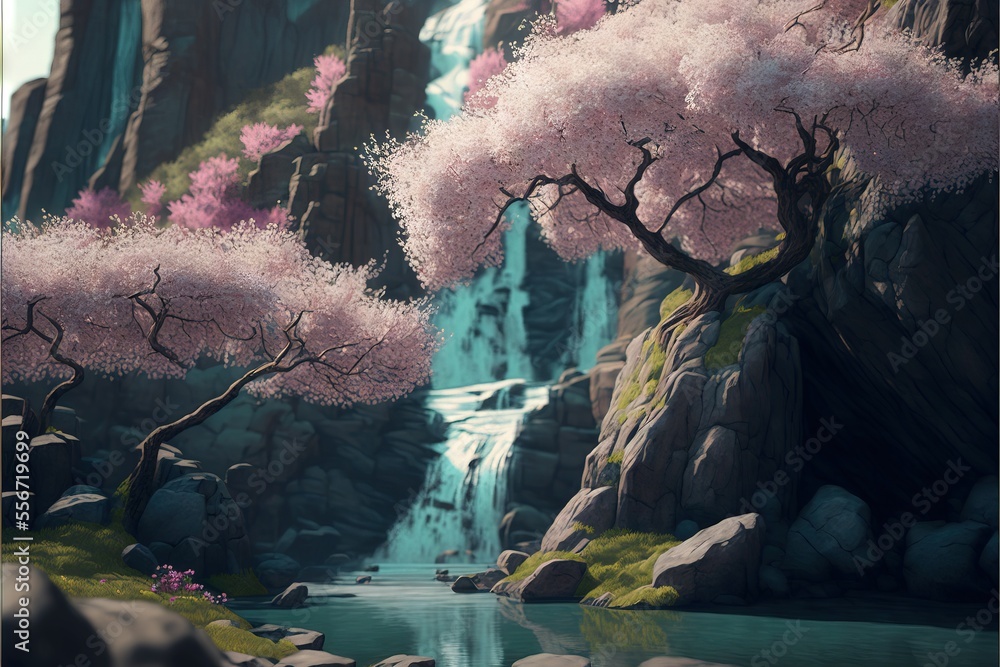 Poster a painting of a waterfall and trees with pink flowers in the foreground and a river in the backgroun