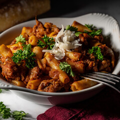Baked ziti pasta with Italian sausage and marinara sauce. Garnished with parsley and shaved parmesan cheese.