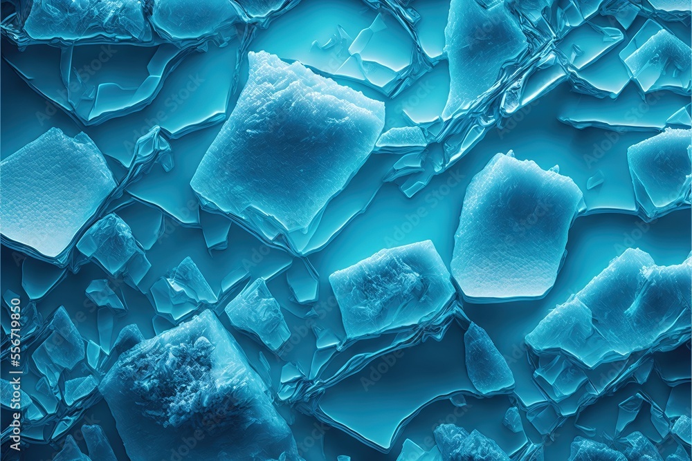 Poster a blue ice background with ice chunks and ice flakes on it's surface., generative ai