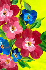Abstract colorful flowers on a bright background. Painting with paints, impressionistic style, flower painting, acrylic, gouache. painterly strokes of paint. for design or print. - 556720266