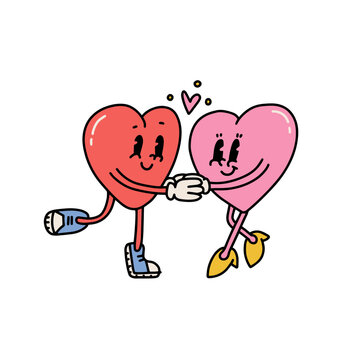 Retro cartoon Hearts Couple Characters Walk Holding Hands. Vector Contour Hand Drawn Illustration Isolated On White Background. 70s vintage concept.