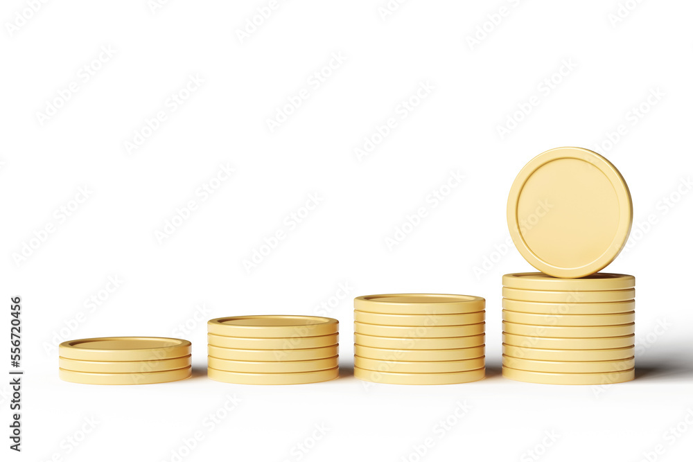 Poster mockup of stacks of golden tokens ordered from smallest to largest. illustration suitable for crypto