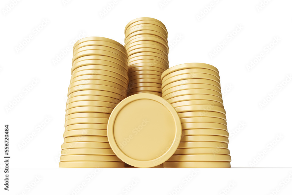 Poster set of 3 stacks of matte gold coins. mockup suitable for cryptoassets and monetary concepts. high qu