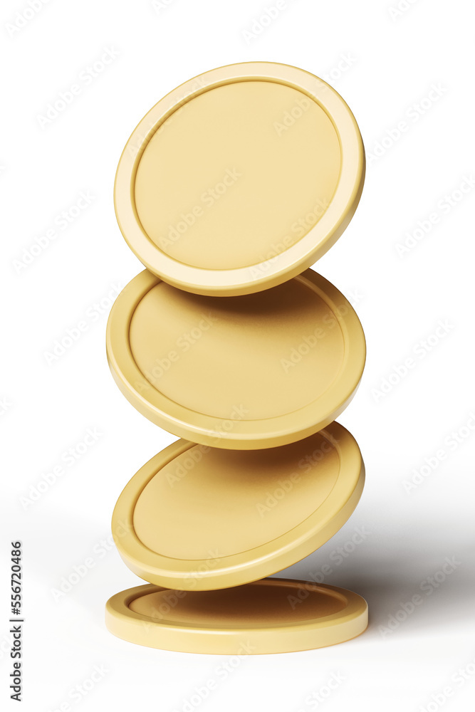 Poster 4 coins or tokens falling on top of each other. high quality 3d rendering.