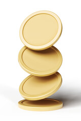 4 coins or tokens falling on top of each other. High quality 3D rendering.