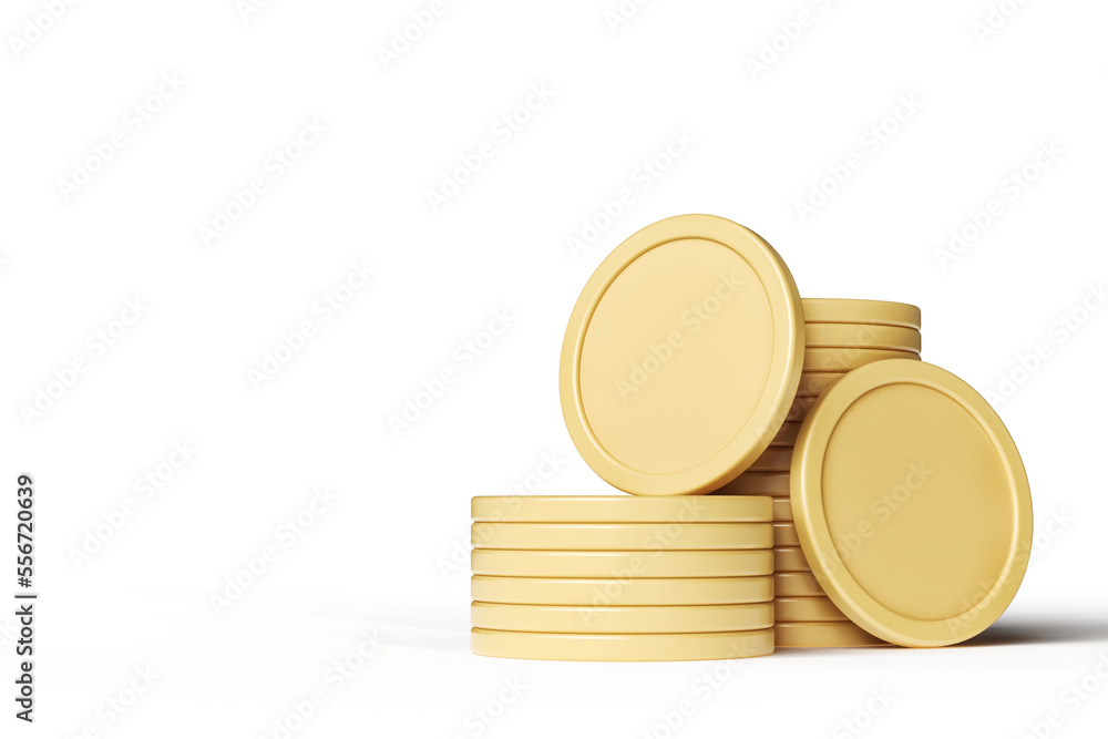 Poster mockup of token stacks in matte gold color. illustration suitable for cryptocurrency concept design 