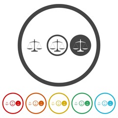 Scales of justice flat icon. Set icons in color circle buttons