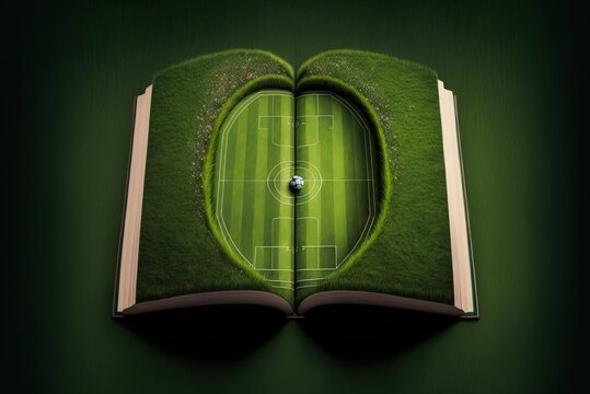 football and green grass book open at a soccer stadium Generative AI
