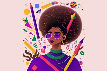 Female illustrator madness, flat vector style, CMYK pastel colors, illustration made with Generative AI
