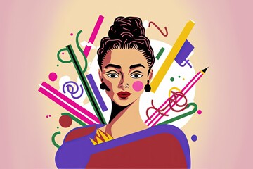 Female illustrator madness, flat vector style, CMYK pastel colors, illustration made with Generative AI
