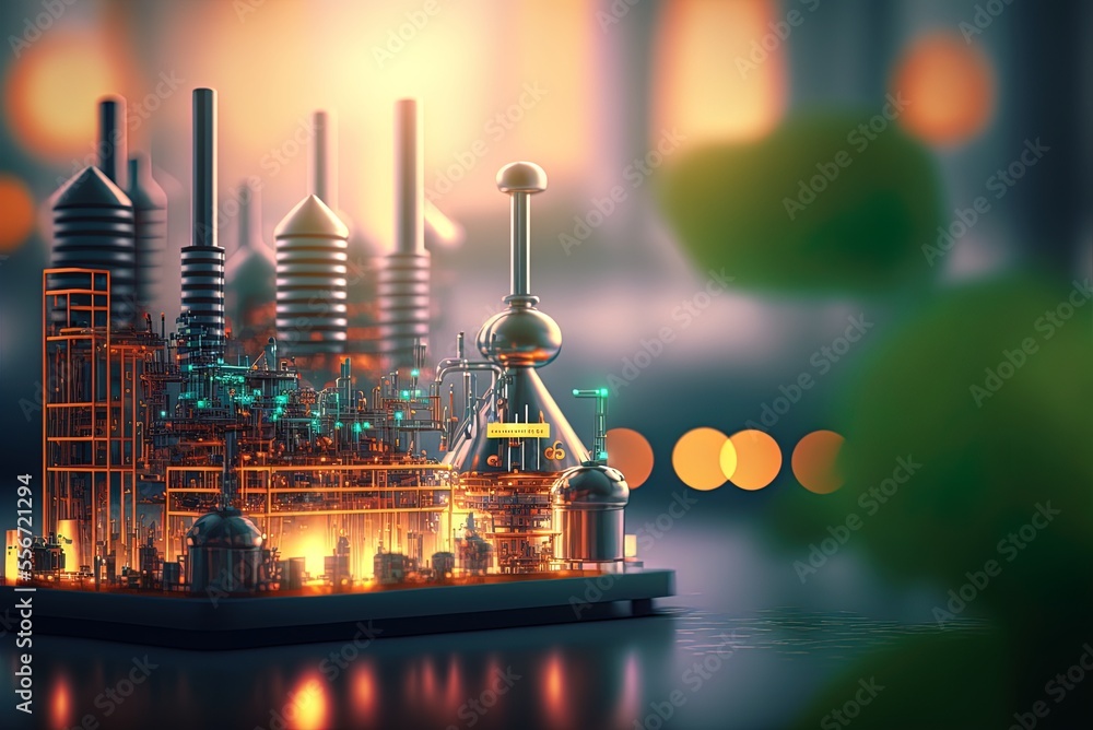 Poster artificially-distorted manufacturing backdrop with a nanotechnology motif. generative ai