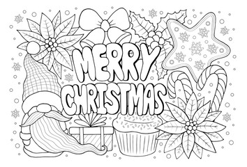 Merry Christmas antistress coloring book page for mental health and self care for adults. Relaxation coloring sheet, vector illustration