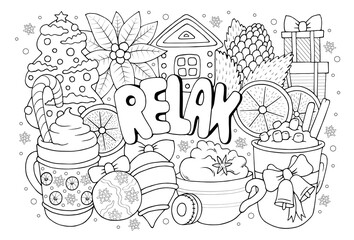 Relax hand drawn coloring page with winter holiday objects for kids and adults. Cute antistress Christmas coloring book sheet with patterns and details