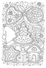 Christmas colouring page for adults and kids. Cute winter holidays theme coloring book sheet with detailed patterns, vector illustration