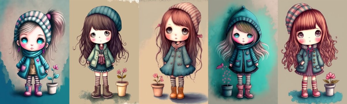 collection set Illustration of cute girl character in fashion clothes	