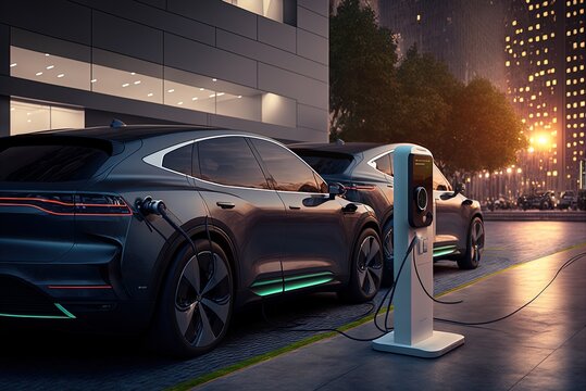 At a municipal charging point, two electric vehicles are filling up. Generative AI