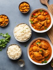 butter chicken with rice on table