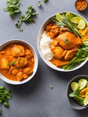 butter chicken with rice on table
