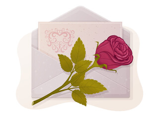 Love letter. card with paper envelope, and red rose. Vector illustration