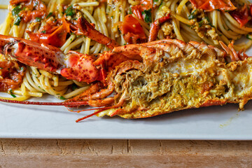Close up of delicious prawn and spaghetti.