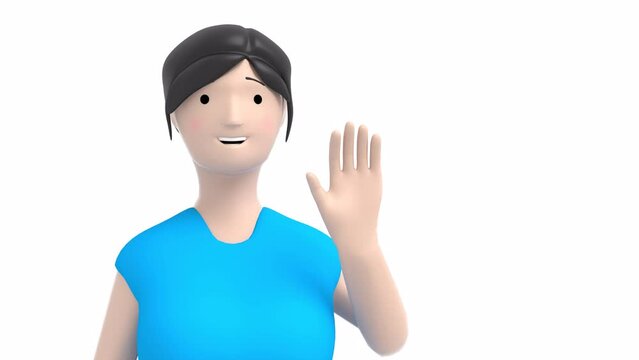 3d Character woman girl waving heand on a transparent background 4k