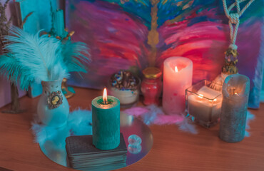 Positive energy and clean home space. Concept of esotericism, magic candles, Reiki or another...