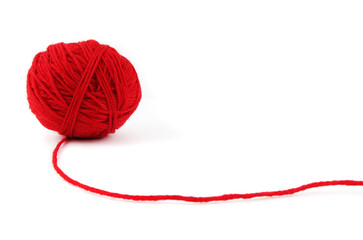 Red coiled ball of knitting thread with an open thread