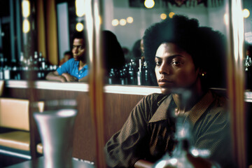 Portrait of a afro ethnic person in a restaurant, style 80's, Generative Ai