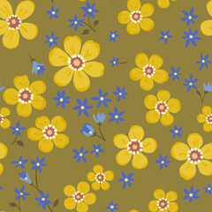 Obraz premium Seamless vintage pattern. Dark green background. Large yellow and small blue flowers. Vector texture. Fashionable print for textiles and wallpaper.