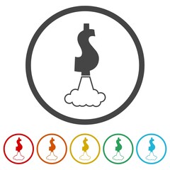 Dollar rocket icon. Set icons in color circle buttons