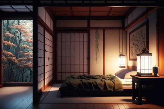 A Cozy Japanese Anime Style Room With A Bed And Yukimi Shoji Windows, Generative Ai