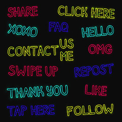 Colorful bright neon hand lettering phrases. Hand drawn tags for social media - like, share, follow, repost, xoxo, swipe up, FAQ, OMG, hello, tap here, etc.  Text with neon light for stories, posts