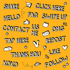 Set of hand drawn tags for social media - like, share, follow, repost, xoxo, swipe up, FAQ, OMG, hello, tap here, etc. Doodle white hand lettering text and figures with black shadow for stories, posts