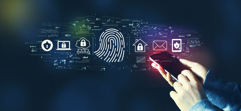 Fingerprint scanning theme with person using a smartphone