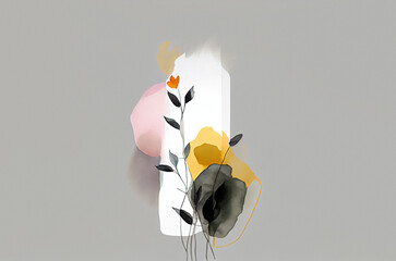 Minimalistic watercolor floral abstraction on a plain grey background. Simple minimalistic ai generated background.