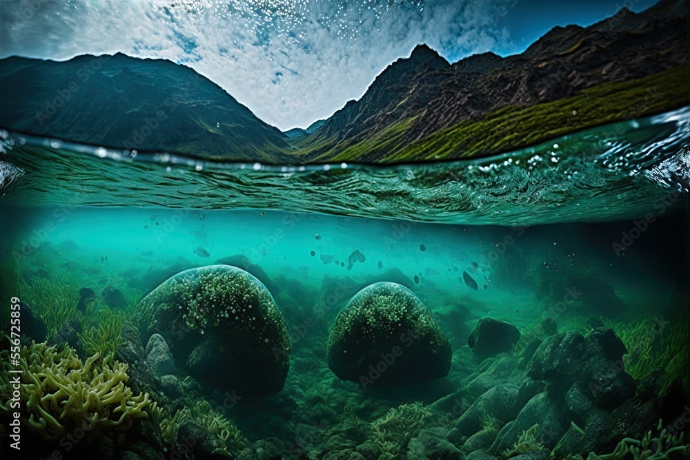 Poster an underwater photograph of a clean river in a mountainous region, with a swift stream and air bubbl