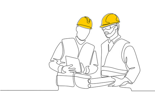Single continuous line drawing of young construction manager giving instruction to builder coordinator at site meeting. Building architecture business concept. One line draw design. PNG image. 