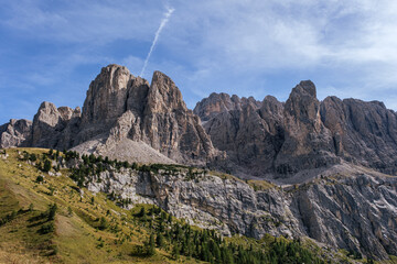 Breathtaking view of the extraordinary stone formations in the Dolomites mountains in South Tyrol,...