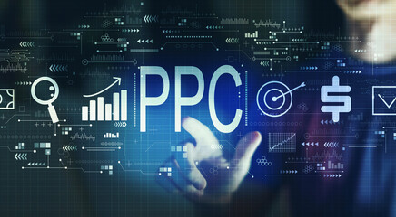 PPC - Pay per click concept with young man touching a digital screen at night
