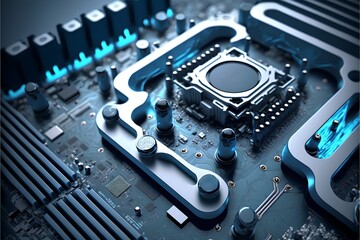 Motherboard with white brushed metal and processor. Computer hardware. AI generated.