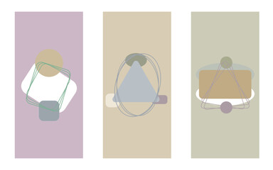 Triptych of rounded geometric shapes in neutral colors.